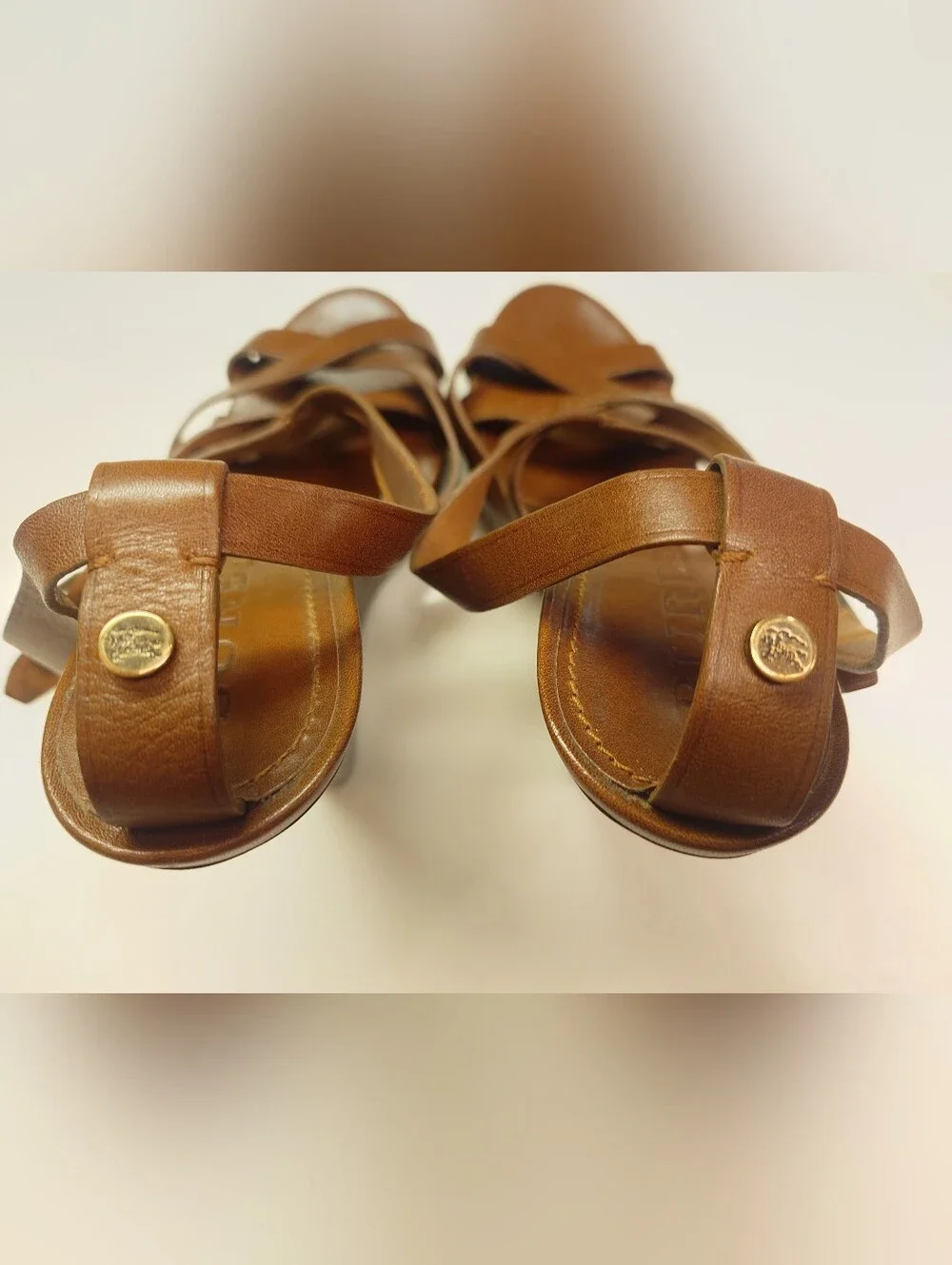 EUC Iconic Brown BURBERRY Delamer Leather Platform Wedge Sandal 39 Runway Heels